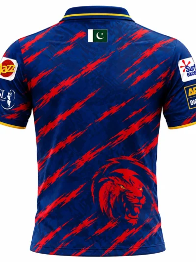 Karachi Kings PSL navy blue and red cricket jersey back view with roaring lion face graphic and yellow collar trim