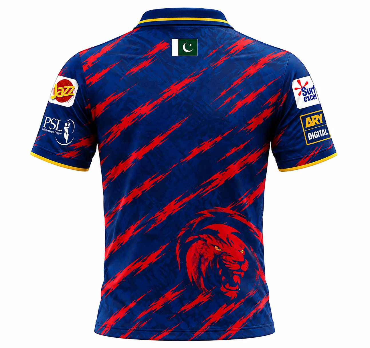 Karachi Kings PSL navy blue and red cricket jersey back view with roaring lion face graphic and yellow collar trim