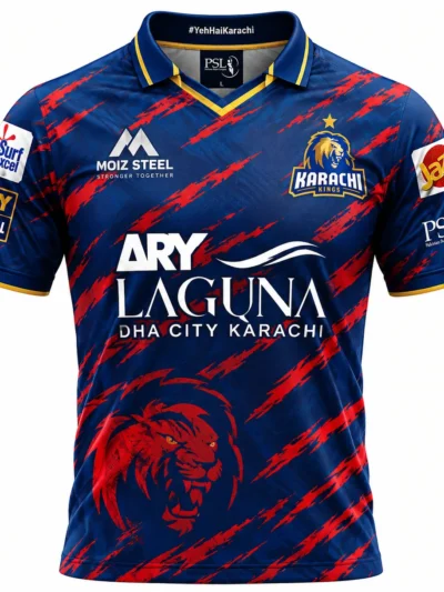 Karachi Kings PSL navy blue and red cricket jersey front view with roaring lion face graphic and yellow collar trim