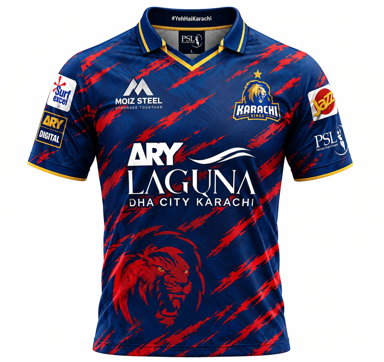 Karachi Kings PSL navy blue and red cricket jersey front view with roaring lion face graphic and yellow collar trim