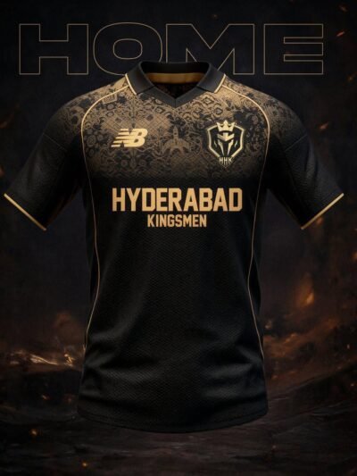 Hyderabad Kingsmen Home Shirt 2026 official black and gold jersey front view