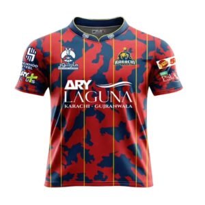 Karachi Kings PSL Away Shirt red and navy striped jersey front view