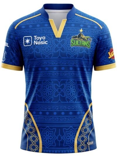 Multan Sultans Away Shirt 2026 official royal blue and gold jersey front view