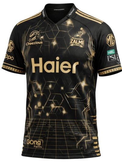 Peshawar Zalmi PSL Away Shirt 2026 official black and gold jersey front view