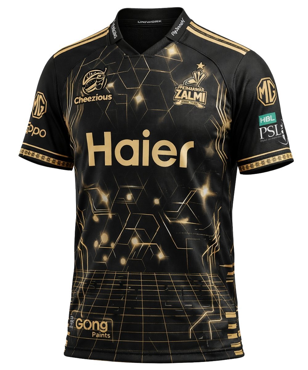 Peshawar Zalmi PSL Away Shirt 2026 official black and gold jersey front view