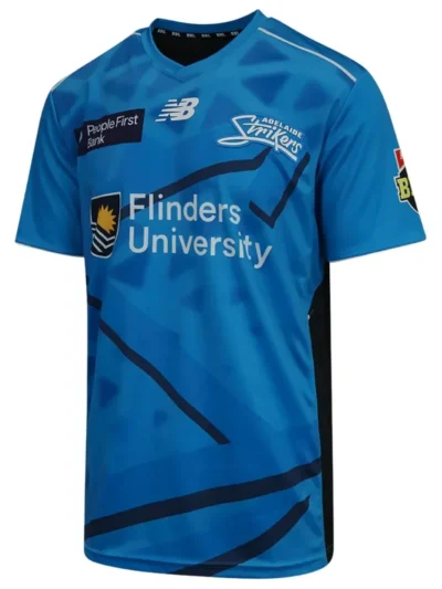 Adelaide Strikers BBL electric blue cricket jersey front view with navy diagonal graphics