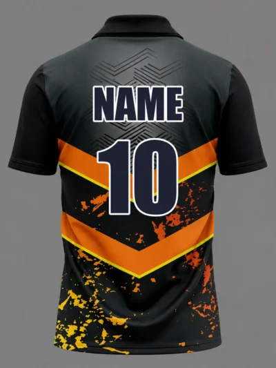 Black orange splash chevron custom cricket shirt back view with team name