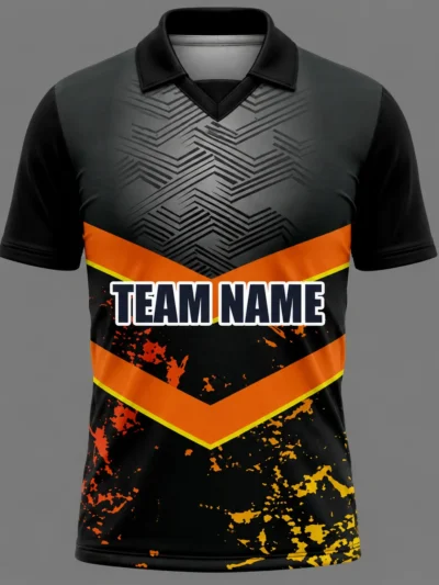 Black orange splash chevron custom cricket shirt front view with team name