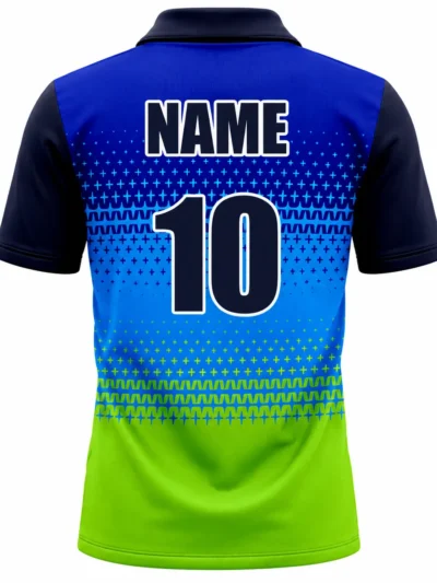 Blue green cross pattern custom cricket shirt back view with team name