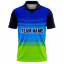 Blue green cross pattern custom cricket shirt front view with team name