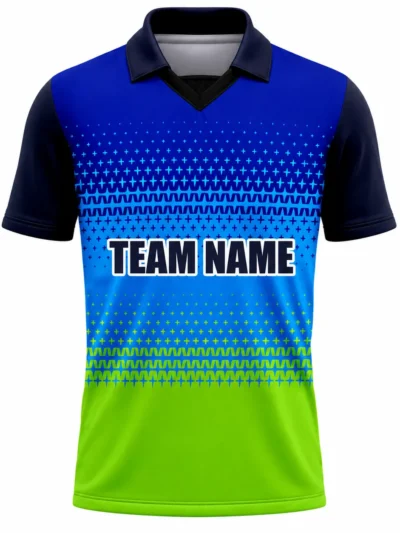 Blue green cross pattern custom cricket shirt front view with team name