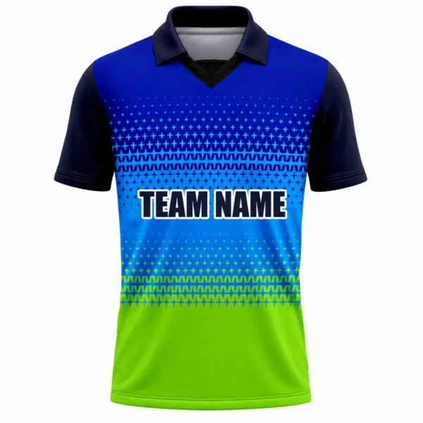 Blue green cross pattern custom cricket shirt front view with team name