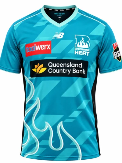 Brisbane Heat BBL teal cricket jersey front view with flame outline graphic pattern