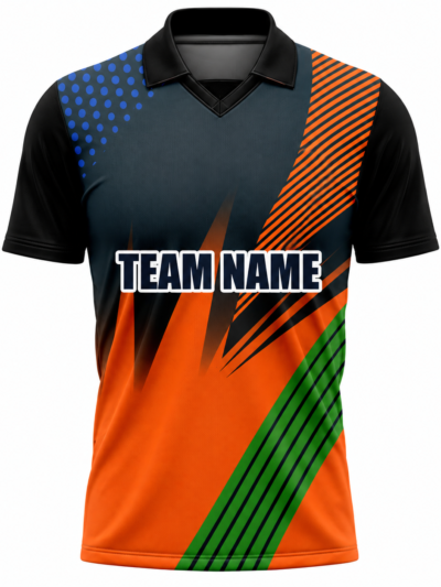 Navy Orange Blaze custom cricket shirt front view with team name and orange green design