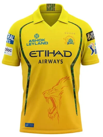 Chennai Super Kings CSK yellow IPL jersey front view with lion graphic logo