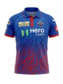 Delhi Capitals DC blue and red tiger stripe IPL jersey front view with red placket collar
