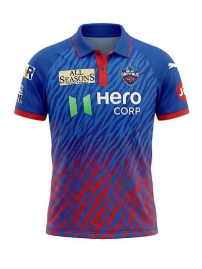 Delhi Capitals DC blue and red tiger stripe IPL jersey front view with red placket collar