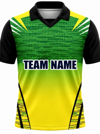 Green yellow halftone fade custom cricket shirt front view with team name