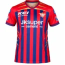 Gujarat Lions GL red and blue vertical striped IPL jersey front view with lion crest logo