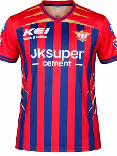 Gujarat Lions GL red and blue vertical striped IPL jersey front view with lion crest logo