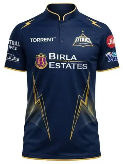 Gujarat Titans GT dark blue and gold IPL jersey front view with lightning graphics and mandarin collar