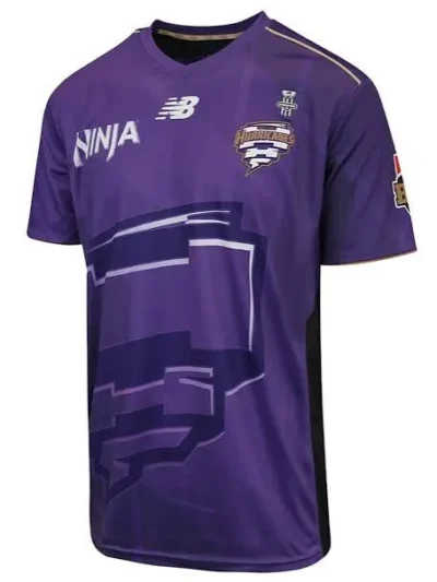 Hobart Hurricanes BBL purple cricket jersey front view with hurricane watermark logo graphic