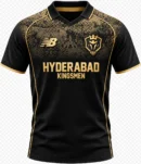 Hyderabad Kingsmen black and gold cricket jersey front view with royal floral mandala upper chest artwork and gold piping trim