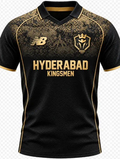 Hyderabad Kingsmen black and gold cricket jersey front view with royal floral mandala upper chest artwork and gold piping trim