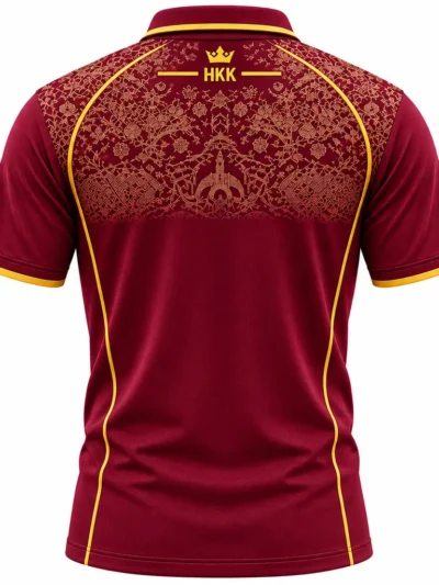Hyderabad Kingsmen maroon and gold cricket jersey back view