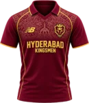 Hyderabad Kingsmen maroon and gold cricket jersey front view with intricate mandala upper chest graphic and gold piping accents