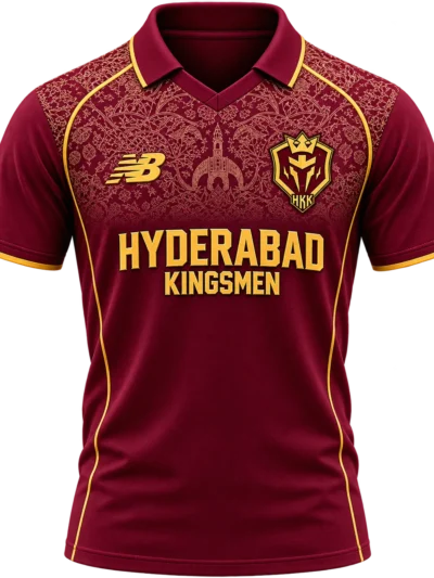 Hyderabad Kingsmen maroon and gold cricket jersey front view with intricate mandala upper chest graphic and gold piping accents