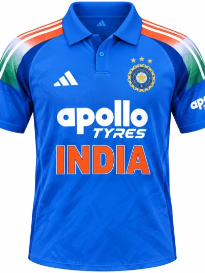 India national cricket team blue jersey front view with tricolor shoulder stripes and BCCI badge