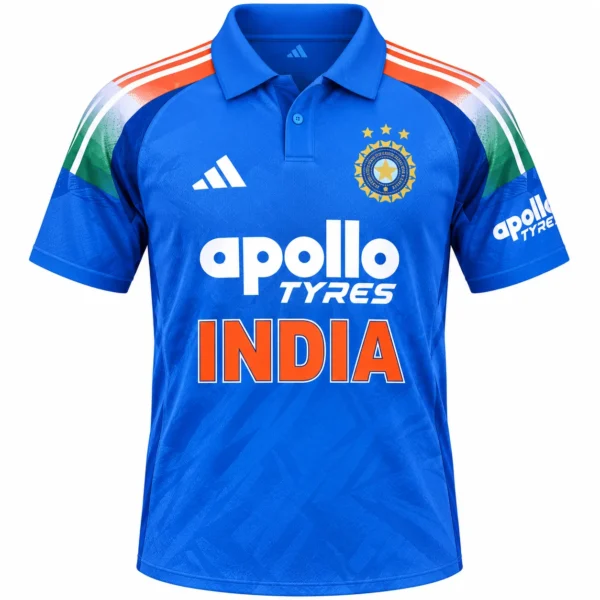 India national cricket team blue jersey front view with tricolor shoulder stripes and BCCI badge