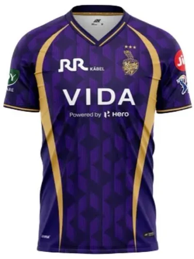 Kolkata Knight Riders KKR purple and gold IPL jersey front view with geometric pattern