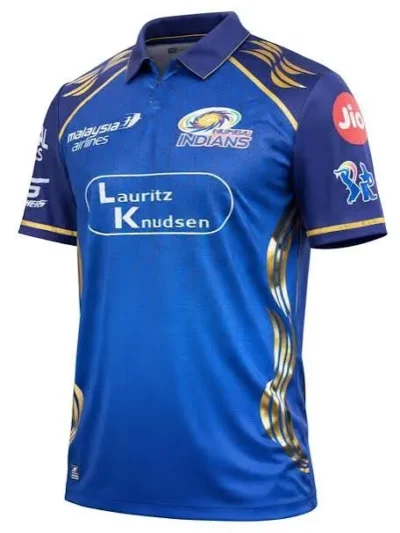 Mumbai Indians MI blue and gold IPL jersey front view with signature swirl pattern