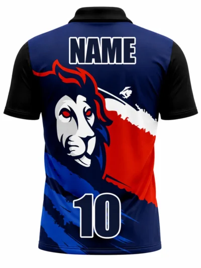 Navy blue fierce lion custom cricket jersey back view with player name and number 10