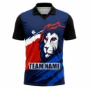 Navy blue fierce lion custom cricket shirt front view with team name