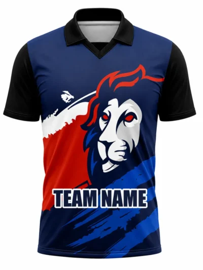 Navy blue fierce lion custom cricket shirt front view with team name