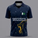 Navy mandala golden lion Pakistan flag custom cricket shirt front view with team name