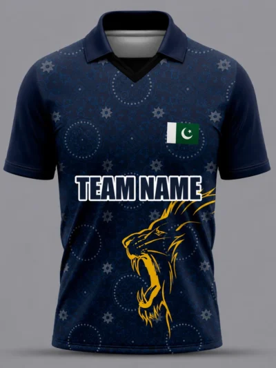 Navy mandala golden lion Pakistan flag custom cricket shirt front view with team name