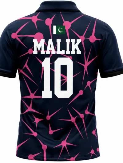 Navy pink geometric custom cricket shirt with Pakistan flag, back view with team name, player name and number printin