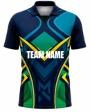 Navy teal geometric custom cricket shirt front view with team name