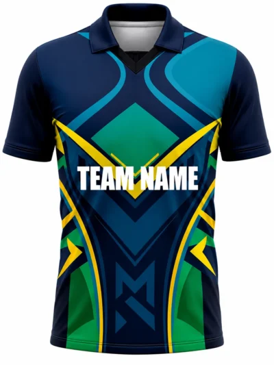Navy teal geometric custom cricket shirt front view with team name