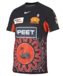 Perth Scorchers BBL indigenous edition black cricket jersey front view featuring swan artwork and aboriginal dot graphics