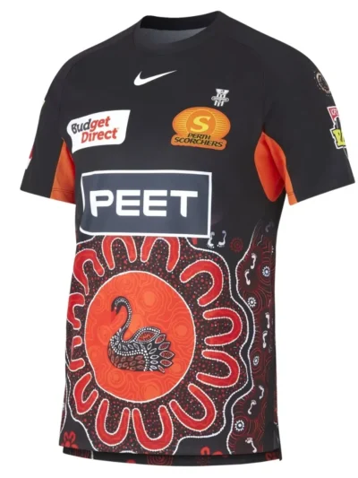 Perth Scorchers BBL indigenous edition black cricket jersey front view featuring swan artwork and aboriginal dot graphics