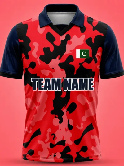 Red black camo Pakistan flag custom cricket shirt front view with team name