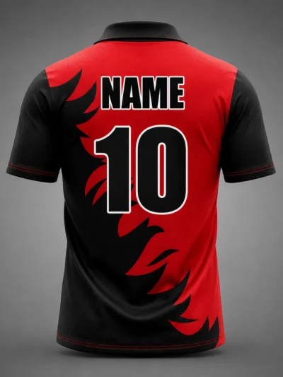 Red black flame split custom cricket shirt back view with team name