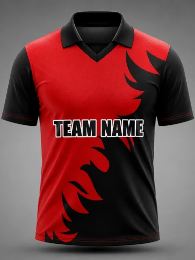 Red black flame split custom cricket shirt front view with team name