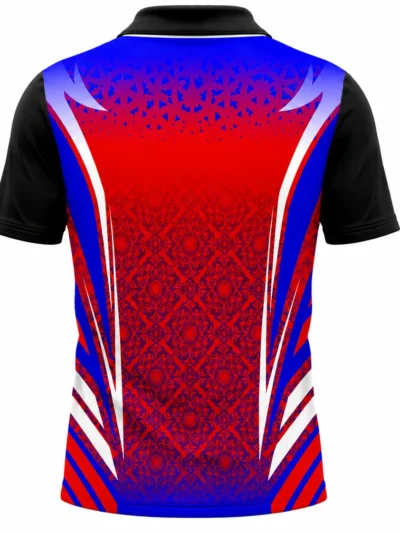 Red blue tribal flame custom cricket shirt back view with team name, player name and number printing