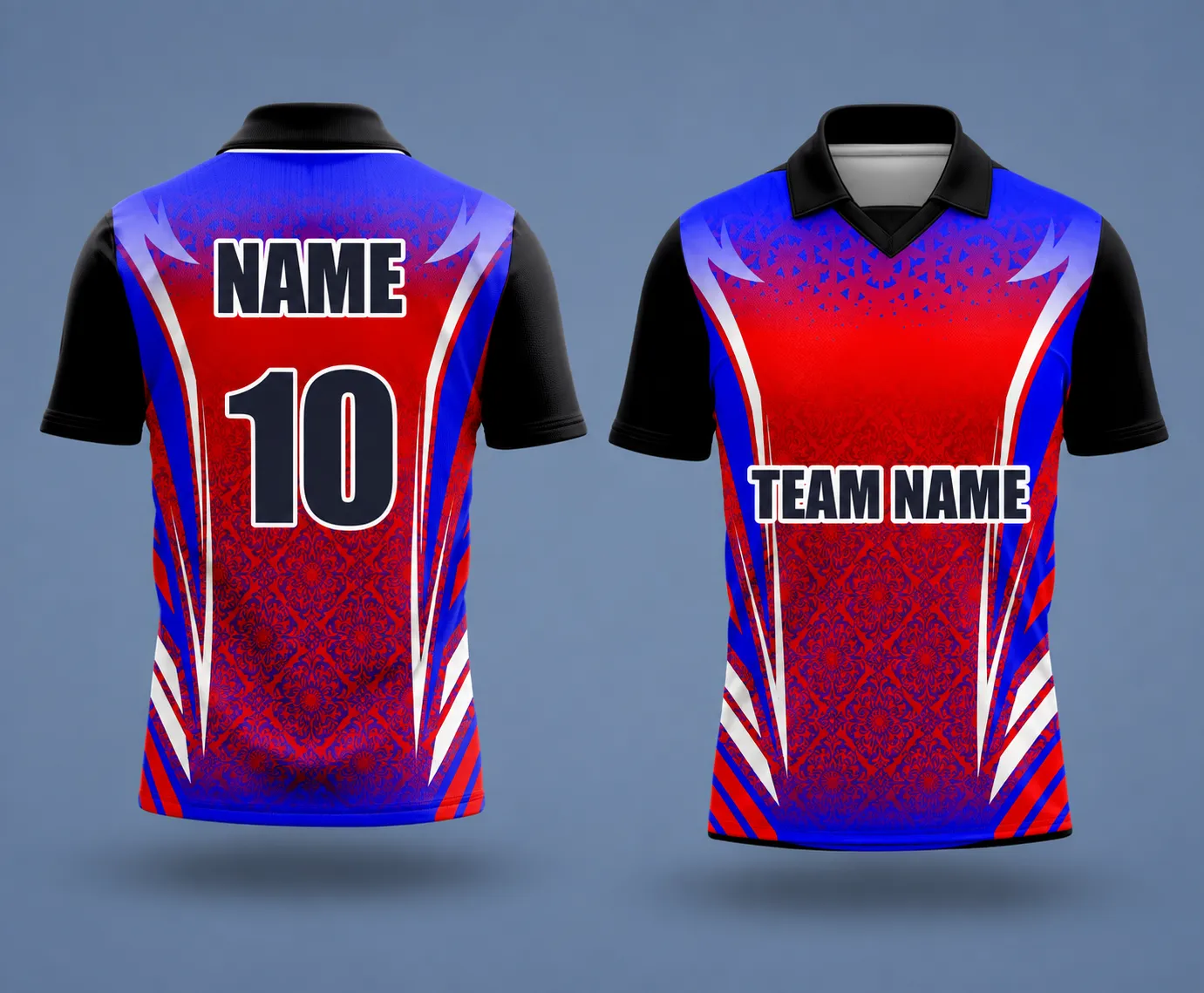 Red blue tribal flame custom cricket shirt front and back view with team name, player name and number printing